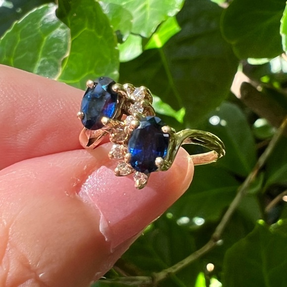 VINTAGE 14K GOLD BLUE SAPPHIRE DIAMOND TOI ET MOI RING ENGAGEMENT ANNIVERSARY - Picture 9 of 16